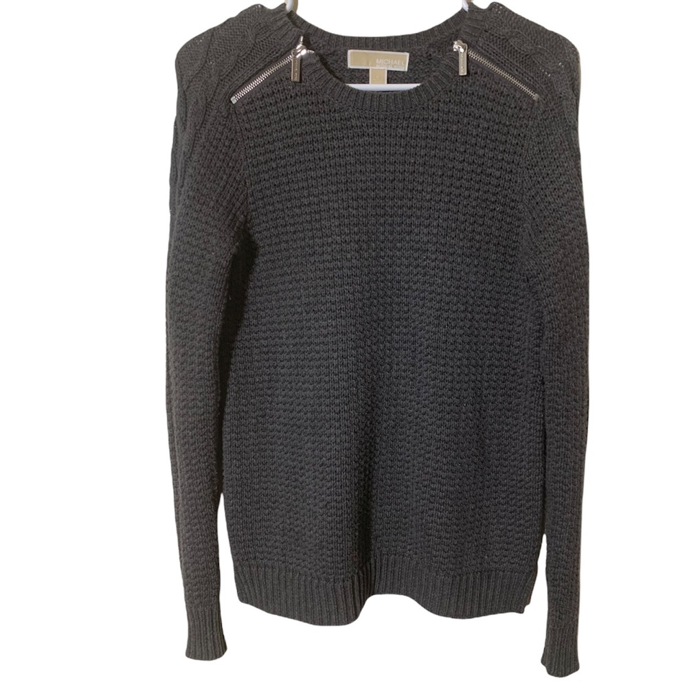 MICHAEL Michael Kors Open Knit Crewneck Sweater Gray Exposed Shoulder Zippers